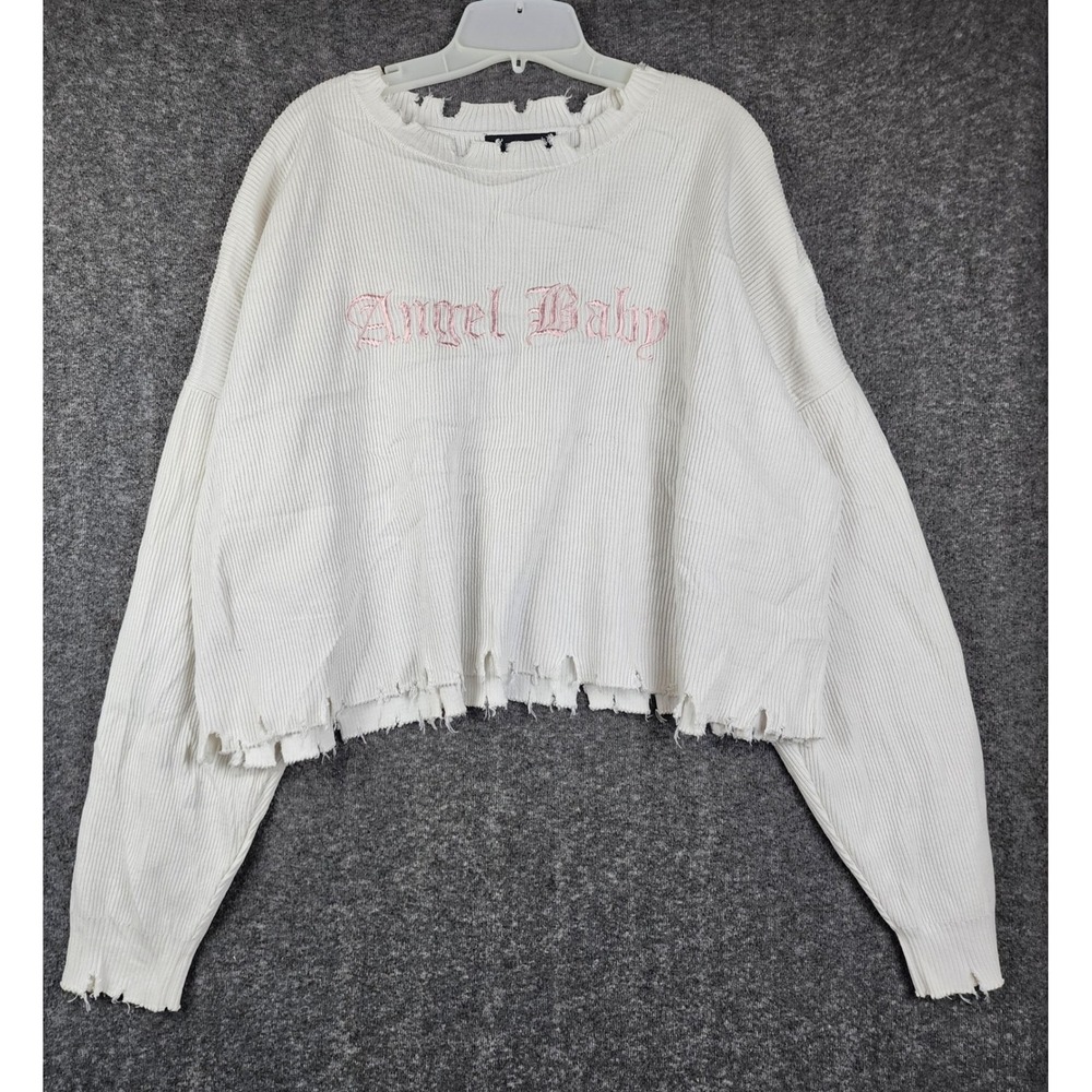 Forever 21 Sweater Women 3X White Angel Baby Distressed Ribbed Cropped Knit